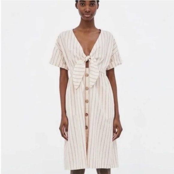 Zara Basic Striped Tie Front Button Down Midi Dress Size M - Picture 1 of 5